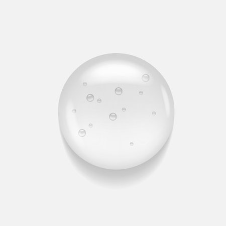 Liquid serum gel drop. Round transparent cosmetic product droplet. Clear texture of essential beauty oil. Bubbled water acid creamのイラスト素材