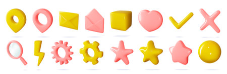 3d icon vector set of isolated sings for buttons in cartoon style. Pink yellow set. Settings, search, flash, map geotag concept. Haert for like, yes and no, review and rating buttons.のイラスト素材