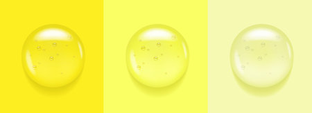 Transparent serum yellow lemon gel drop. Oil textured liqud skin or hair care beauty prodict swatch. 3d clear face cream. Macro top view closeup of round puddle smudge in laboratoryのイラスト素材