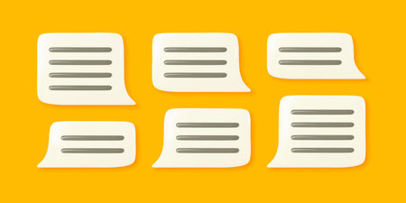 3d speech bubble icon. Network dialog balloon with glossy comic text lines. Vector chat box on yellow orange background elements of social media comment messagesのイラスト素材