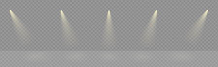 Spotlight illuminated stage background. White rays of floodlight, ies lamp beam set. Festive warm rays on transparent backgroundのイラスト素材