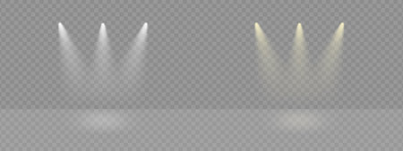 Spotlight illuminated stage background. White rays of floodlight, ies lamp beam set. Festive warm rays on transparent backgroundのイラスト素材