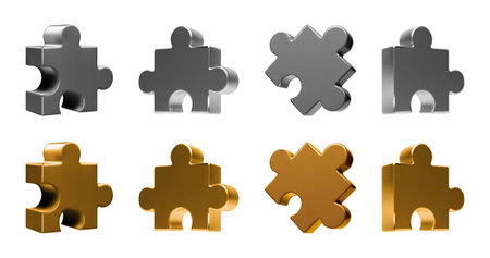 3d puzzle of gold and silver. Metallic jigsaw piece vector isolated render. Problem solving team work concept illustration on white background.のイラスト素材