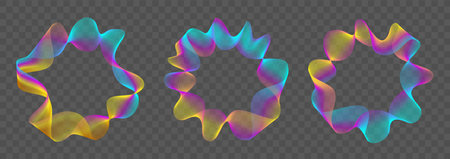 3d circular club music audio waves. Blurred and spotted curly neon blend frames. Spiral gold metal round rings. Striped line luxury patternsのイラスト素材