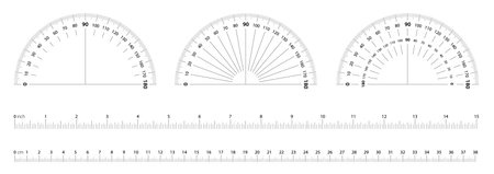 Degree protractor and ruler scales for measuring angle, size, length and height. Semicircle round gauge and cm or inch meter tape math toolsのイラスト素材