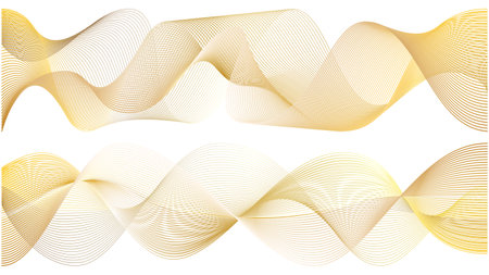 Luxury golden thin foil lines of gradient waves swoosh. 3d swirls sound of music bent and twisted in spirals. Dynamic motion background set for wedding backdropのイラスト素材