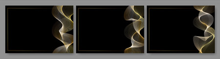 Golden lines luxury wave certificate design. Shiny gold texture poster or flyer. Dark background abstract light pattern of curved glitter ribbons. Elegant swoosh elementのイラスト素材