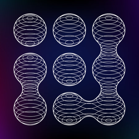 3d globe line wireframe grid. Connected round shapes abstract mesh. Universe spiral tubes and spiral elements. Molecule substance atoms or metaball neural cellのイラスト素材