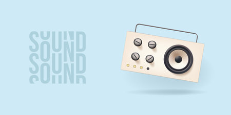 Cute radio vector 3d illustration. Retro music speaker box render. Vintage old dance fm broadcast...