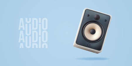 Sound speaker 3d vector. Stereo audio system loudspeaker. Smart boombox woofer and realistic radio receiver for dance music, electronic podcast or audio book listen and voice assistant device stand.のイラスト素材