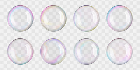 Transparent soap foam balls in air. 3D iridescent rainbow spheres and textured circles float on white png. Glass plastic mirror reflections on big bath bead. Shiny pastel blown day-dreaming bubblesのイラスト素材