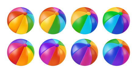 Beach ball 3d summer vector. Inflatable pool toy isolated. Water sea beachball. Ocean island rest symbol. Circus clown party colored icon. Swim balloon realistic render object. Rainbow striped plasticのイラスト素材