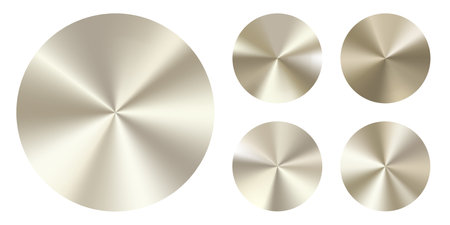 Gold radial color shield. Medal coin circle badge, metal bronze button disc. 3d award seal effect. Vector round dark circular gradient. Brushed golden winner stamp. Warranty diploma stainless plateのイラスト素材