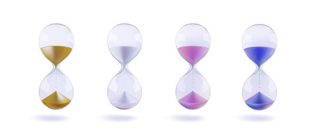Hourglass 3d time concept. Dont miss promo icon. Golden, pink, white and blue sand in glass bulb...