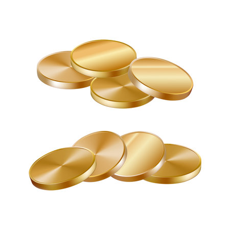 Golden coins small pile. 3d medal stack drop vector render icon. Falling cash stack currency change. Casino game chips loan. Premium loan icon emoji. Money mountain bunch isolated. Realistic financeのイラスト素材