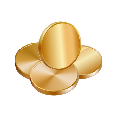 Golden coins small pile. 3d medal stack drop vector render icon. Falling cash stack currency change. Casino game chips loan. Premium loan icon emoji. Money mountain bunch isolated. Realistic financeのイラスト素材