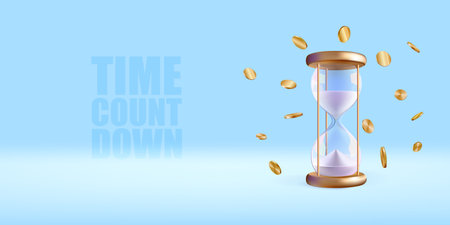 Hourglass and gold coins flowing around banner. Time count down. Budget save concept 3d render on...