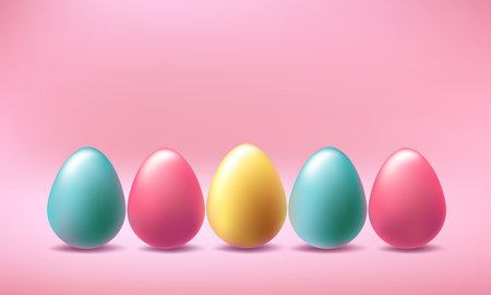 Happy Easter 3d vector background. Metal colored golden, blue chocolates in soft pink pastel scene. Spring greeting card, realistic podium design. April mini header illustration, gift concept renderのイラスト素材