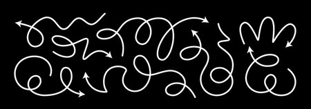 Arrow vector line set. Curved shape doodle brush element arow. Squiggly scribble direction up down abstract pointer. Change plan abstract stroke graphic sign. Curly circle looped spiral swirl map pathのイラスト素材