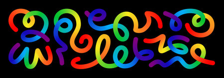 Color blend vector curved line set. Colour splash fluid shape doodle element. Gradient flow brush, squiggly scribble, happy birthday party direction sign. Bright stroke carnival confetti spiral swirl.のイラスト素材