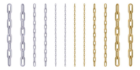Jewelry straight chain set, 3d render. Golden and silver heavy rings connected. Weak or strong platinum link. Metal hanging straight border for blocked content. Secret item, high risk security protectのイラスト素材