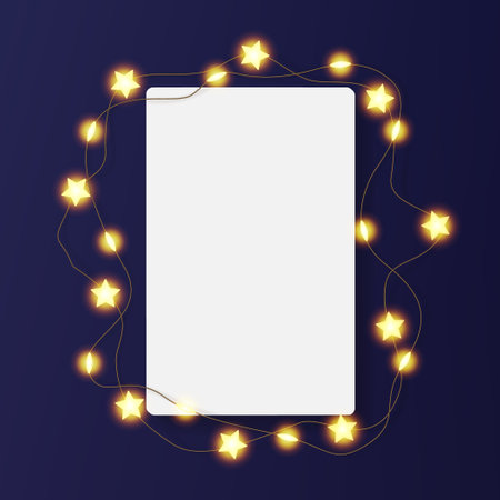 Rectangular card decorated with light garland. Vertical picture frame, star shape bulbs glow. Portrait photo print mockup, festive ornate xmas decor. Luxury festoon border for art, product poster boxのイラスト素材