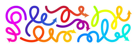 Arrow gradation, squiggly gradient vector line set. Curved carnival change icon. Rise pattern, doodle shape brush element. 3d dynamic multi colored curly loop spiral strokes. Abstract twirl bold paintのイラスト素材