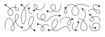 Squiggly dotted arrow, vector dashed curved line arow set. Rise and fall change plan, doodle shaped pointer map element. 3d dynamic curly direction loop scribble. Abstract long spiral waving chartのイラスト素材