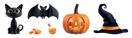 Halloween carved pumpkin characters 3d vector render. Cute cartoon black cat, happy flying bat, spooky scary witch hat, candy potion trick treat. Night friday 13 sale poster element, fun october magicのイラスト素材