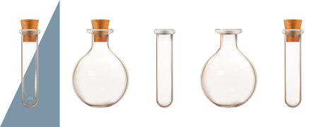 Transparent empty test tube, water bottle for chemical analysis. 3d lab flask with plug cork, chemistry laboratory isolated equipment. Pure or dirty water biologic disease research. Medical glasswareのイラスト素材