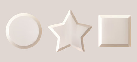 Round square star frame 3d embossed shapes. Photo frame beige set, vector mock up. 3d isolated modern neumorphic button layout template. Realistic shadow render podium top view. Pastel relief platformのイラスト素材