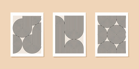 Concentric art deco print, line pattern japanese garden. Circle arch abstract endless line. Undulate music cover, curved shape oval, geometric orient modern decor poster. Retro grid, zen wave rainbowのイラスト素材