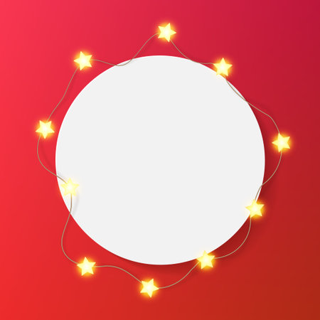 Round white photo frame on light bd. Festive Christmas luxury light bulb, garland shine and glow. Decorated picture mock up, ramadan shine bright star sting. Holiday post template, magic fairy galleryのイラスト素材