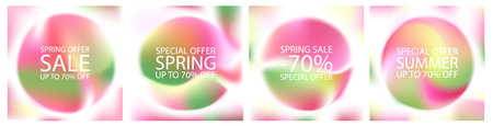 Abstract gradient background. Green color light vector blurred mesh. Organic fluid texture poster design set. Pastel liquid pattern in round glass lens. Soft sunny garden minimal backdrop. Modern waveのイラスト素材