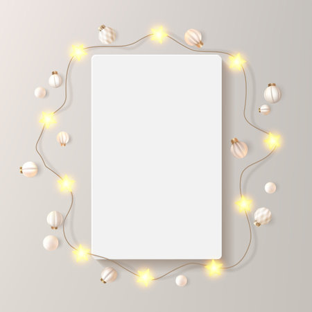 Rectangular card decorated with light garland. Vertical picture frame, star shape bulbs glow. Portrait print mockup, festive ornate xmas pastel decor. Luxury festoon border for art, product poster boxのイラスト素材