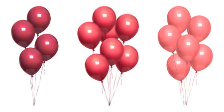 Red 3d balloon bunch float, minimal happy birthday gift. Vector realistic mockup on white bg, Party mid air decor, isolated invitation design element. Anniversary round decoration balls, bday glossyのイラスト素材