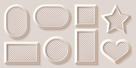 Photo frame set. Light picture on beige wall, vector mock up. 3d isolated wooden modern poster layout template. Round rectangular, square star, heart ovals shapes of realistic shadow gallery decorのイラスト素材