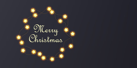 Star light garland wreath, fairy bulbs vector holiday card. Merry Christmas typography in shiny border. Wired lamps shine around text, glitter ribbon. Bright warm yellow lightbulbs, star chain flatlayのイラスト素材