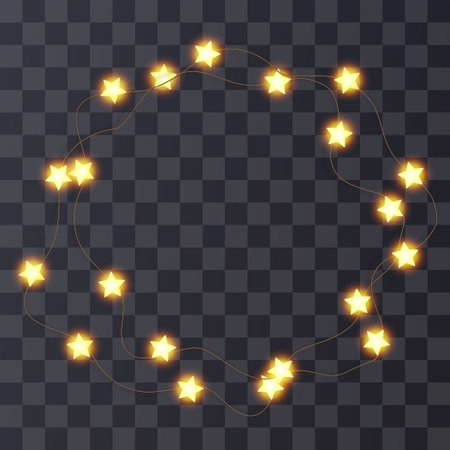 Light string Xmas frame, star bulb fairy garland. Merry chirstmas glitter wreath png, festoon ball vector decor. Christmas 3d warm shine isolated, noel lamp line element, gold bokeh wedding decorationのイラスト素材
