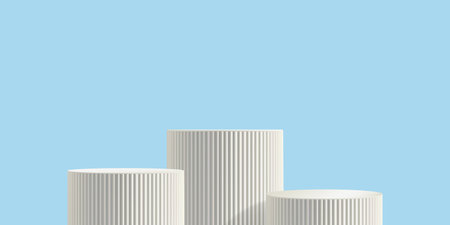 White poduim on sky blue bg, three ribbed pillar 3d column. Product marble stand, Light platform....