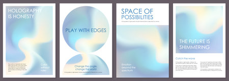 Iridescent hologram bg in blue gradient poster design. Gold foil texture with holo gradation paper. Abstract blurry pattern, mirror glitter. Wavy geometric shape with modern y2k glossy foil book coverのイラスト素材