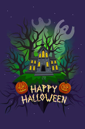 Halloween greeting card with haunted house and hand drawn lettering title - Happy Halloween. Poster with creepy mansion and ghosts with green spooky glow. Good for sticker, poster, flyer promo. Vectorのイラスト素材