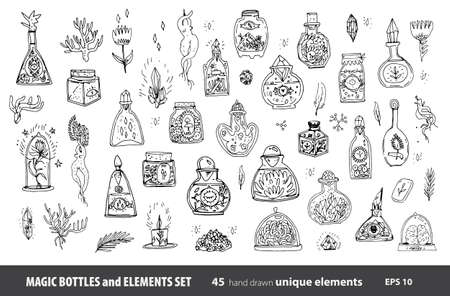 Magic bottles with potions set with other magic elements - crystal quartz, gems, candle, mandragora root, mushrooms, love spell and voice, tinctures and powders.のイラスト素材