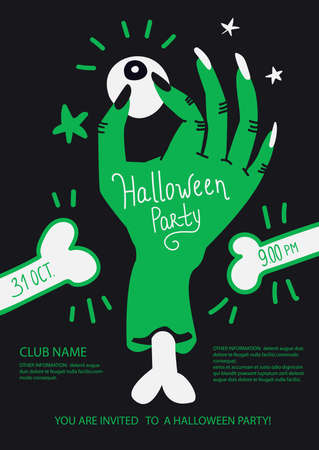 Halloween Party poster invite with zombie hand holding an eye. Layout template vector illustration in duo tone colors style. Good for typographic print, poster, card, flyer, placard and other promoのイラスト素材