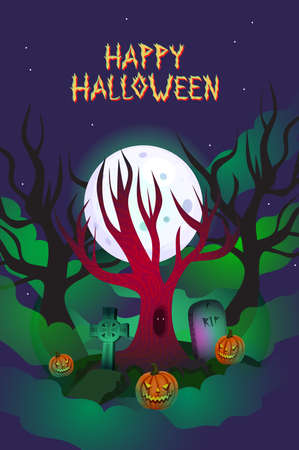 Halloween greeting card with old scary tree between gravestones on the cemetery and hidden ghost. Vector illustration with lettering title - Happy Halloween. Good for poster, flyer, cards, other promoのイラスト素材