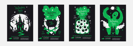 Halloween party posters invitations set in minimalism duo tone style, good for typography print. Template layout of invite with lettering title - "Halloween Party" and hand drawn vector illustrationsのイラスト素材