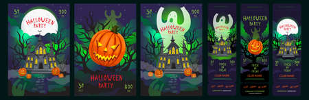 Halloween party posters set with tickets invitations. Halloween flyers with creepy atmosphere - ghosts, old Mansion, pumpkins and Jack-o-lanterns with hand drawn calligraphic text. Vectorのイラスト素材
