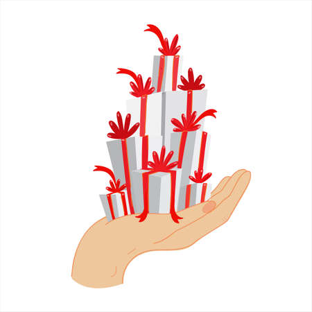 A whole mountain of gifts in the palm of hand. A lot of gift boxes with hand on white isolated backgroundのイラスト素材