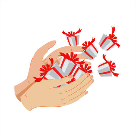 A lot of holiday gift boxes with red ribbons in a hands. Gifts scattering to the sides from hands. Vector illustration with isolated background.のイラスト素材