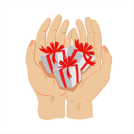 Gifts in hands. Small holiday white Gift boxes on the palms with red ribbons and bows. Vector illustration isolated on white background.のイラスト素材